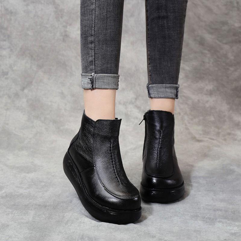 Classic Black Cow Leather Boots Ankle Fur Sneakers Woman Waterproof Platform Rain Boots Round Toe High Heeled Ankle Snow Shoes
