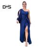 Abendkleid für Damen, eine Schulter, einzelne offene Ärmel, geteilter Saum, einfarbig, schmale Taille, plissiertes Knotendekor, einfarbig, Abschlussball, Cocktailparty, Maxikleid