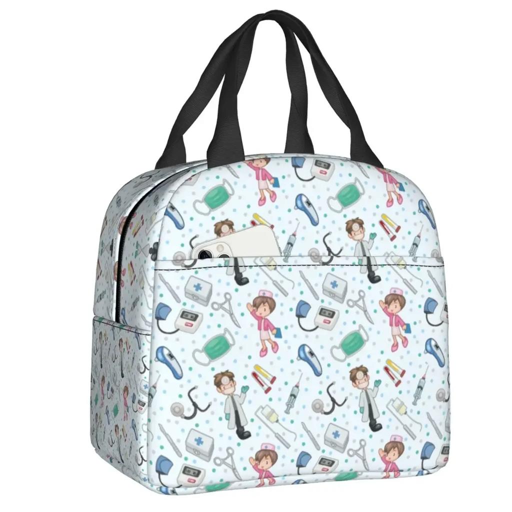 Nurse Tool Pattern Insulated Lunch Tote Bag for Women Nursing Resuable Thermal Cooler Food Lunch Box Work School Travel