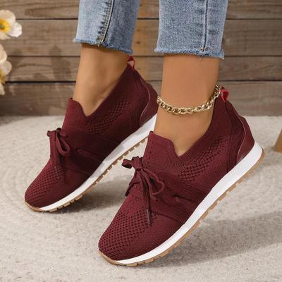 Zapatillas deportivas transpirables de talla grande para mujer, de malla Flyknit, informales, de un solo color, con cordones en la parte delantera y tacón inclinado, talla 35-43