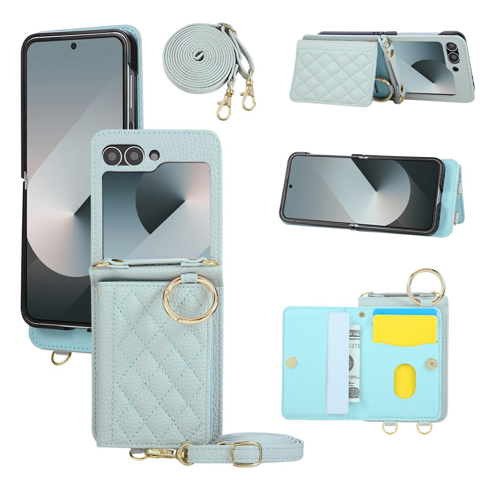 

For Samsung Galaxy Z Flip7 FE 5G/Z Flip6 5G Case Kickstand Rhombus Leather+TPU Phone Cover with Shoulder Strap Blue