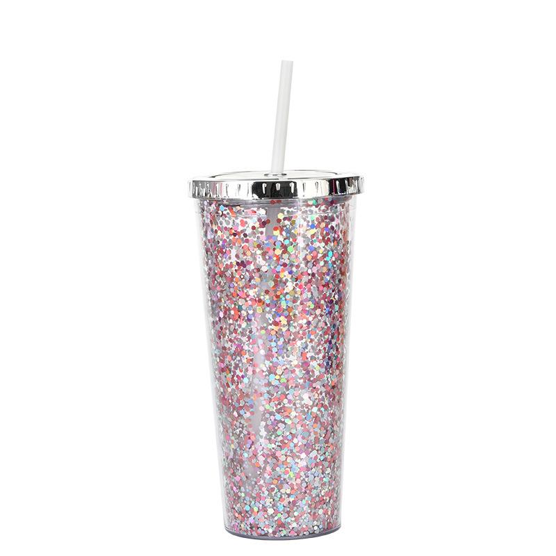 Taza de Plástico de Doble Capa de 24 oz con Purpurina Botella de Agua Portátil con Pajita Vasos Reutilizables de Plástico con Tapas Taza para Bebidas de Fiesta