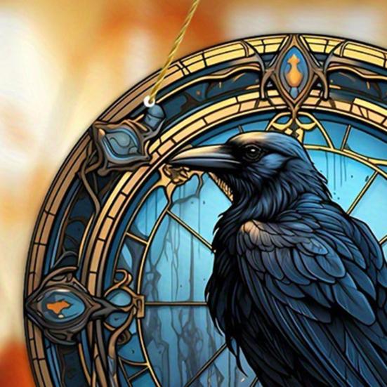 Crow Stained Glass Suncatcher, Gothic Raven Acrylic Window Hanging Decor with Chain for Home, Garden, Indoor Outdoor Decor