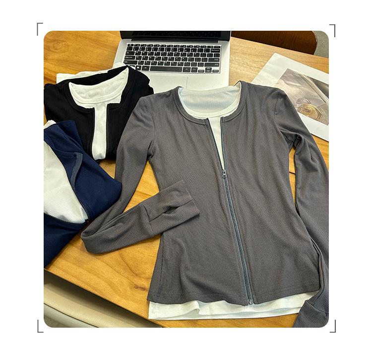 Women's Korean Style Colorblock Zip-Up Cardigan Long Sleeve T-Shirt - Autumn/Winter 2024 Slimming Top