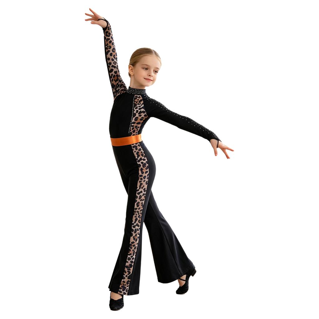 Tuta Jumpsuit Leopardata per Bambine Danza Latina Jazz Collo Alto Manica Lunga Fori per i Pollici Color Block Gamba a Zampa Bodysuit Zip Posteriore per Spettacolo