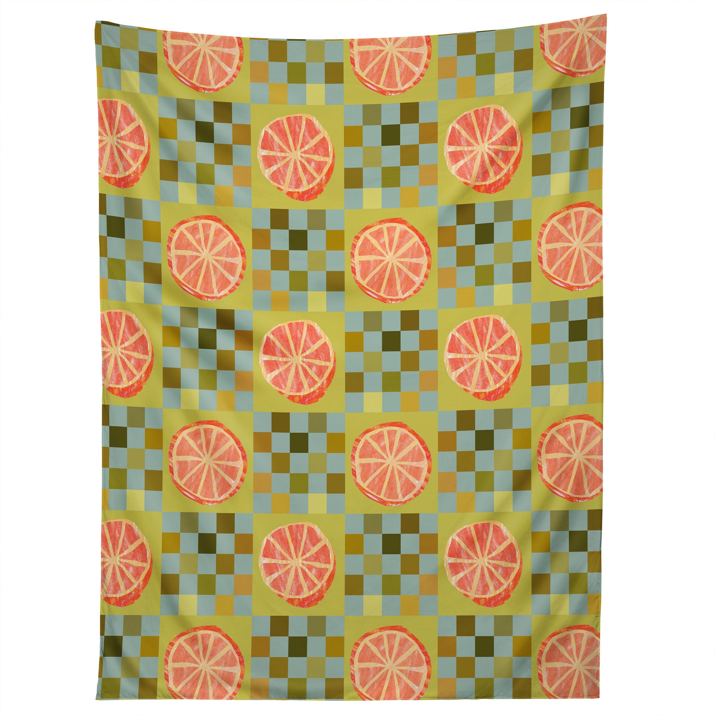 CHECKERED CITRUS FRUIT IN SAGE tapestry 75x100