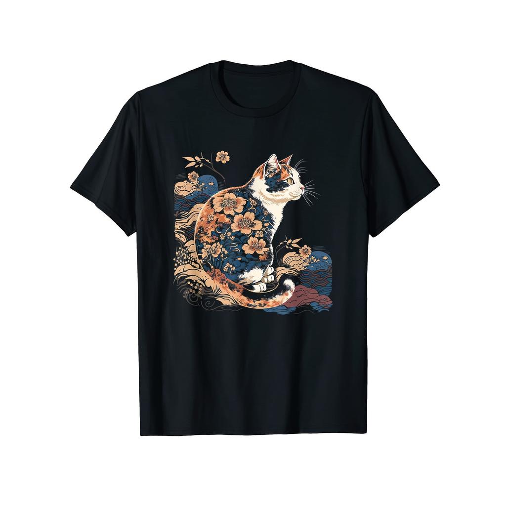 Surrealism Japanese Painting Calico Cat T-Shirt Black 100_ Cotton Classic for Casual Daily Wear