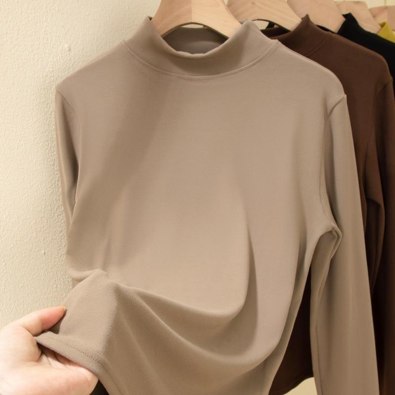 Ladies' Autumn And Winter Solid Color Long Sleeved Half High Neck T Shirt Base Shirt