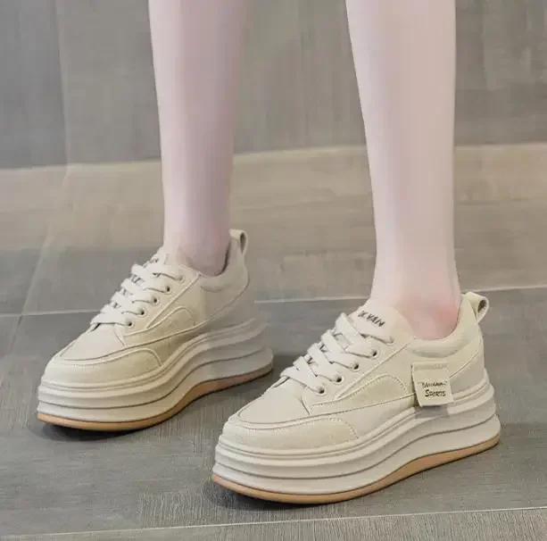 Fashion 7CM New Women Genuine Leather Platform Wedge Heels Ankle Booties Spring Autumn Chunky Sneaker Ankle Boots Women Vulcanized Shoes