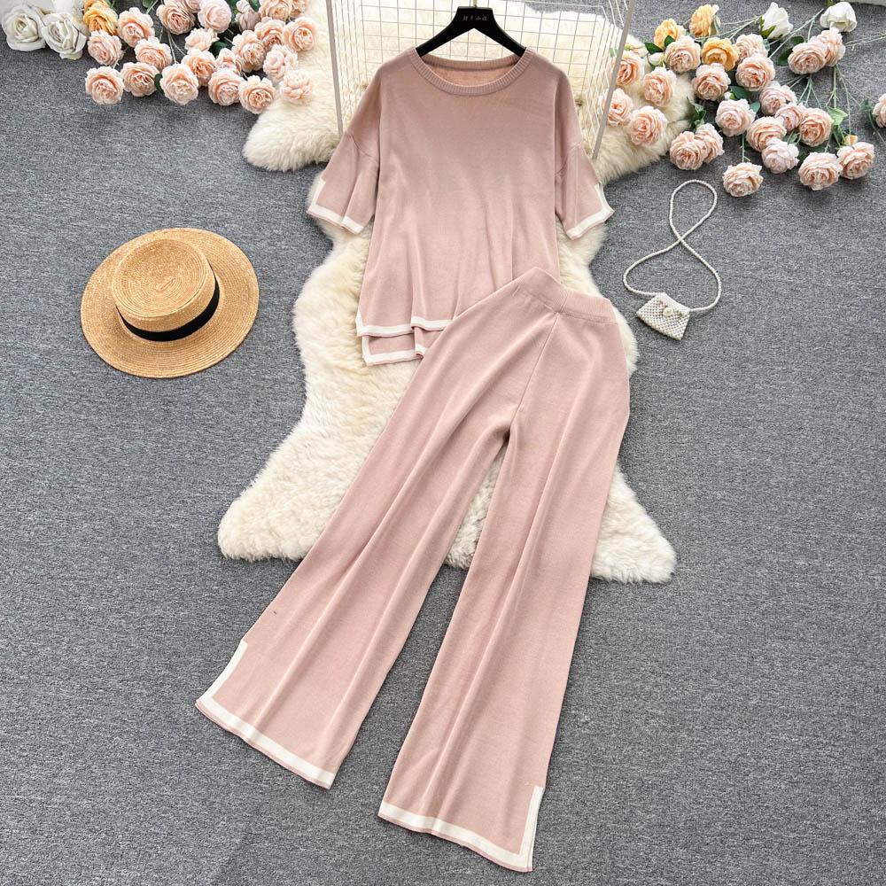 

Базовый женский вязаный свитер с круглым вырезом на весну и лето, модный свободный повседневный спортивный костюм из двух предметов с короткими рукавами, женский брючный костюм One Size