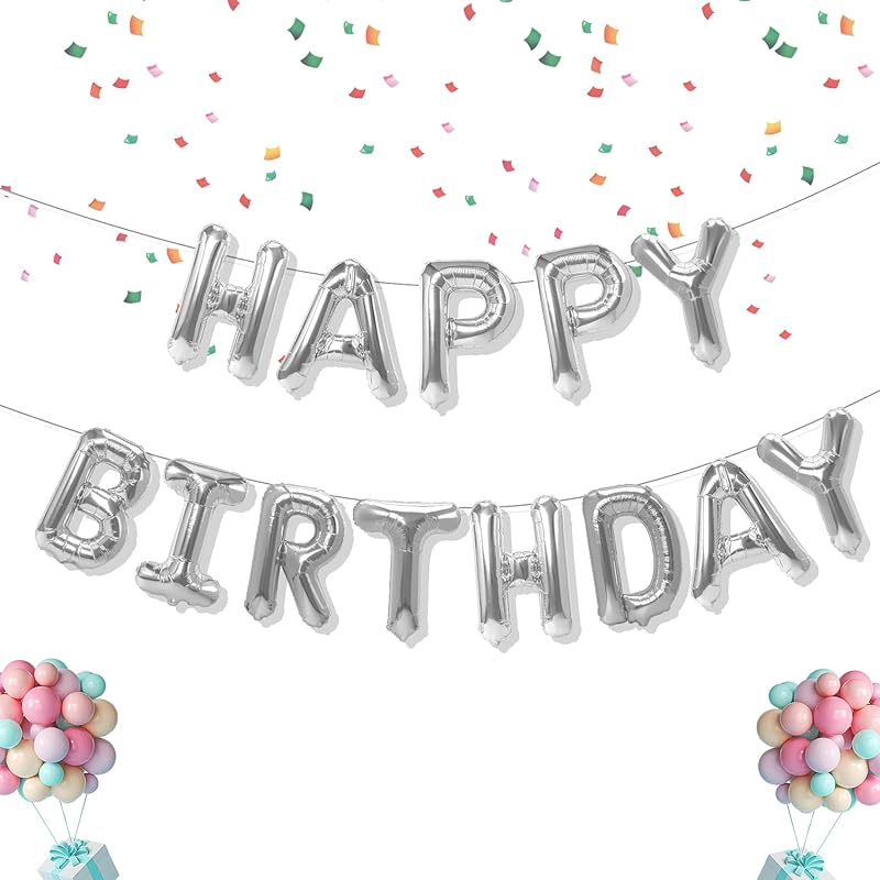 Happy Birthday Balloons Banner - 16 Inch Mylar Foil Balloon Letters, Reusable Birthday Balloons Kit with Rainbow Decorations серебряный