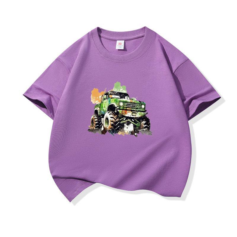 Kids Cotton T Shirt Green Watercolor Offroad Car Print Crew Neck Short Sleeve Tee Casual Breathable Boys Girls Summer Tops