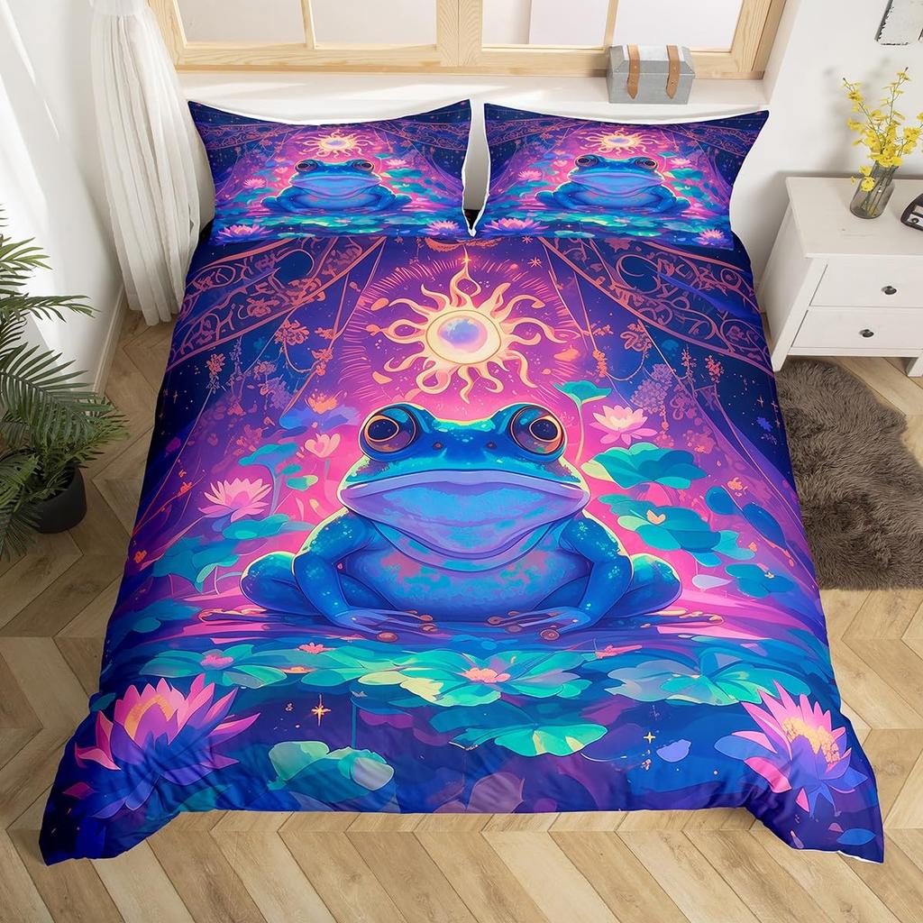 Frog And Lotus Leaf Duvet Cover Sets For Kids Boys Girls Lightweight Quilt Covers Green Animals Themed Bedding Set Bedroom Decor