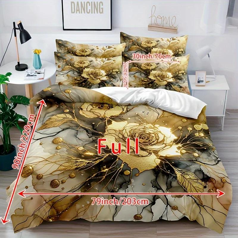 

3Pcs Marble With Golden Rose Duvet Cover Set, Marbling Flower Print Quilt Cover With Pillowcase Eu Single135x200cm