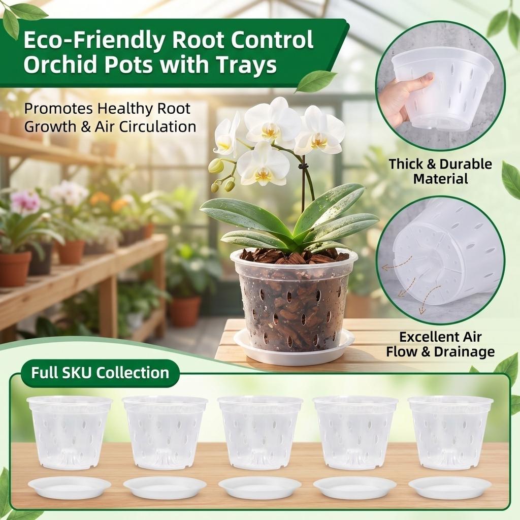 Transparent Plastic Plant Root Control Pots with Drainage Holes and Removable Saucers Set of 5 Suitable for Orchids and Small Plants