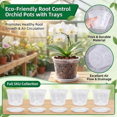 Transparent Plastic Plant Root Control Pots with Drainage Holes and Removable Saucers Set of 5 Suitable for Orchids and Small Plants