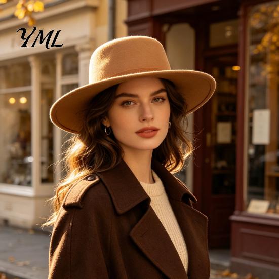 Sophisticated Lady Hat Flat Top Fedora Hat, Wool Blend Derby Cap, Retro Jazz Casual Outdoor Sun Protection Wide Brim Felt for Women, Events
