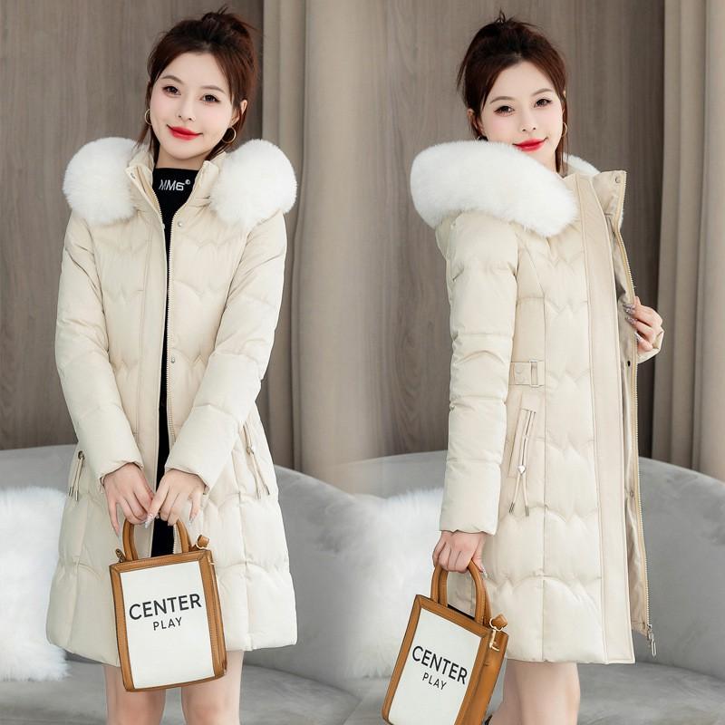 Womens Winter Thick Cotton Coat Mid-Length Solid Color With Removable Faux Fur Collar Elegant Office Style
