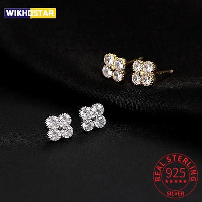 Real 925 Sterling Silver Zircon Clover Stud Earrings For Women Cute Fine Jewelry Minimalist Accessories