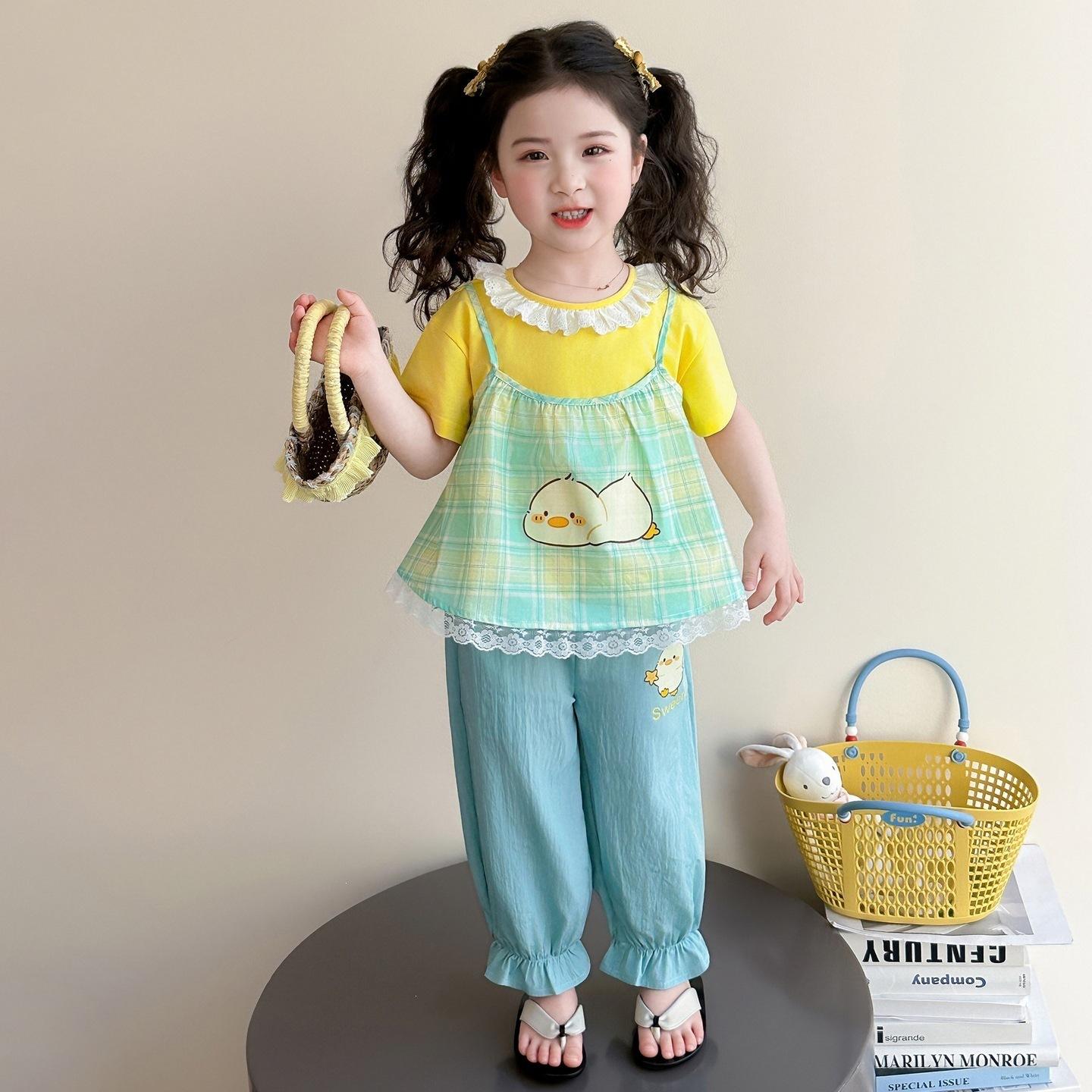 Girls Summer Floral Lace Collar Two-Piece Short Sleeve Set in Dopamine Colors 90 жёлтый