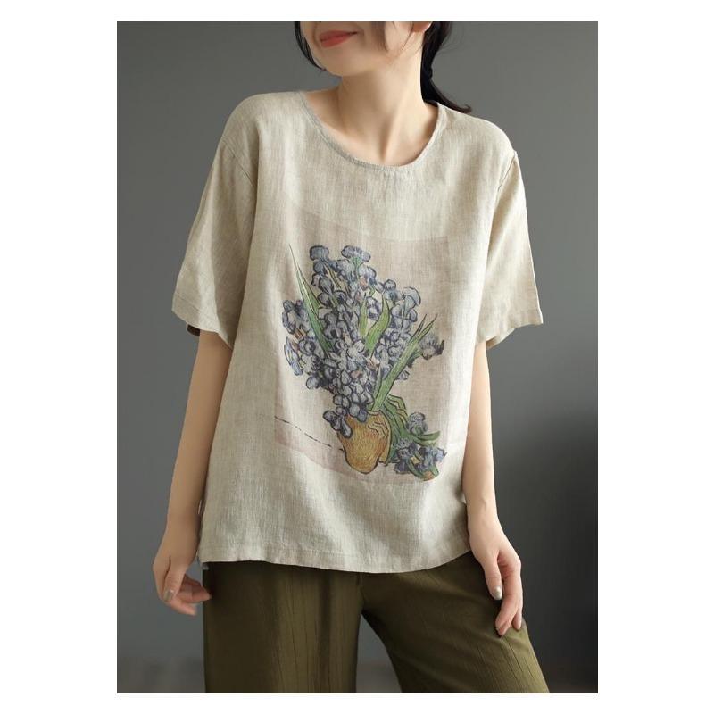 Cotton and Linen T-shirt Women's Short-sleeved Summer New Style Women's Top Loose Retro Printed Large Size
