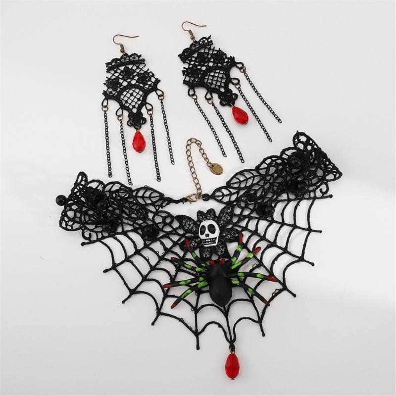 Steampunk Gothic Lace Choker Necklace Rhinestones Earrings Halloween Costumes Jewelry Women for Wedding Cosplay Party