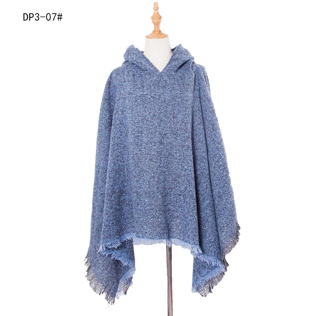 European & American Women’s Black Hooded Pullover Cape with Floral Shawl Clip, Suitable for Spring, Autumn, and Winter