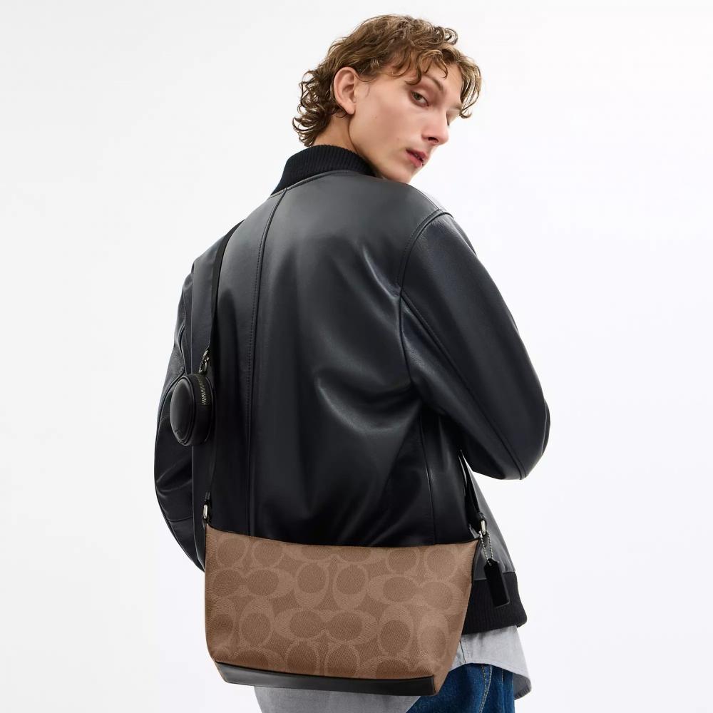 Coach Small FInn Crossbody Bag With Pouch In Maxi Signature Canvas Gunmetal Charcoal Black