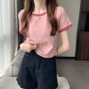Contrasting Color Round Neck Short-sleeved Shirt Women's New Summer Bottoming Shirt Korean Version Slim-fitting Short Student Top Tide