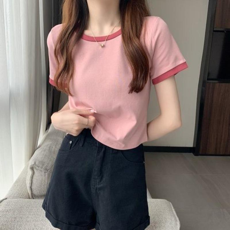 Contrasting Color Round Neck Short-sleeved Shirt Women's New Summer Bottoming Shirt Korean Version Slim-fitting Short Student Top Tide
