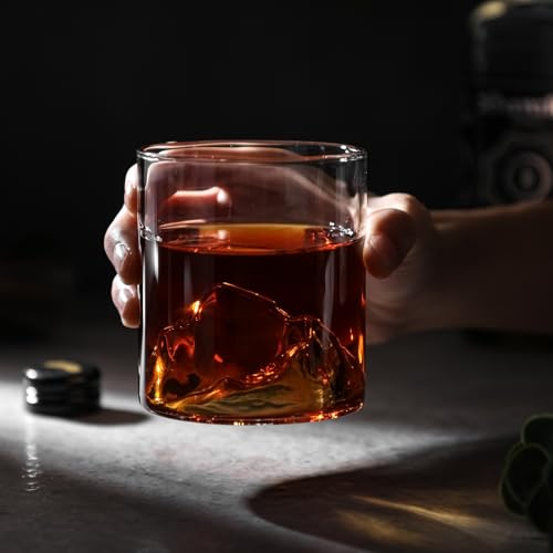 Whiskey glass, rocks glass, sake glass, clear glass tumbler with Kanzan mountain design, wooden box included (approx. 325ml capacity)