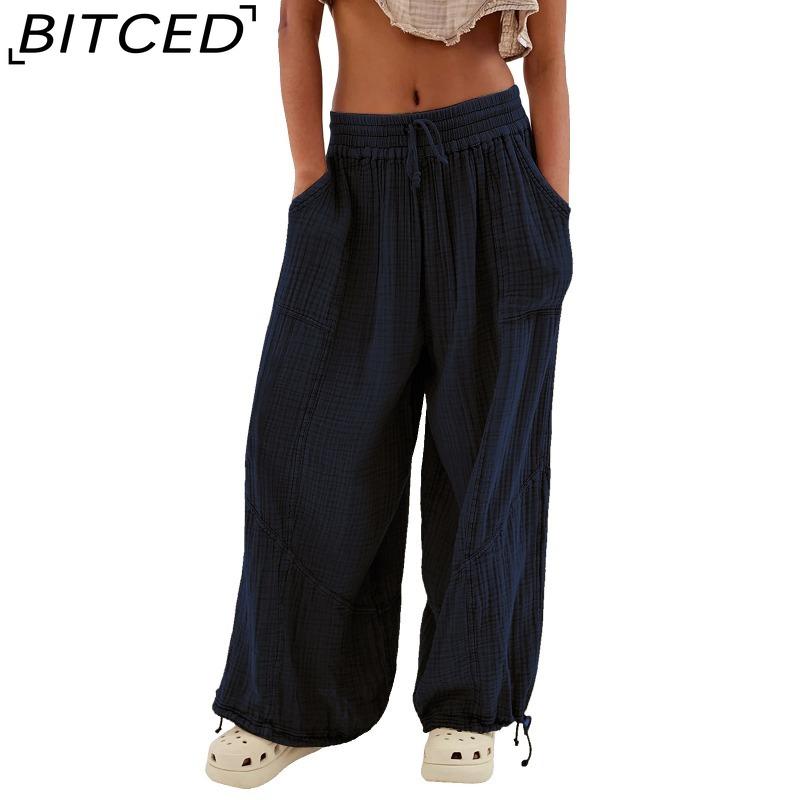 BITCED 8 Color Women High Elastic Waist Trousers Wide Leg Loose Pants Deep Vest Pleated Ankle Pockets Solid Color Soft Ladies Casual Pants