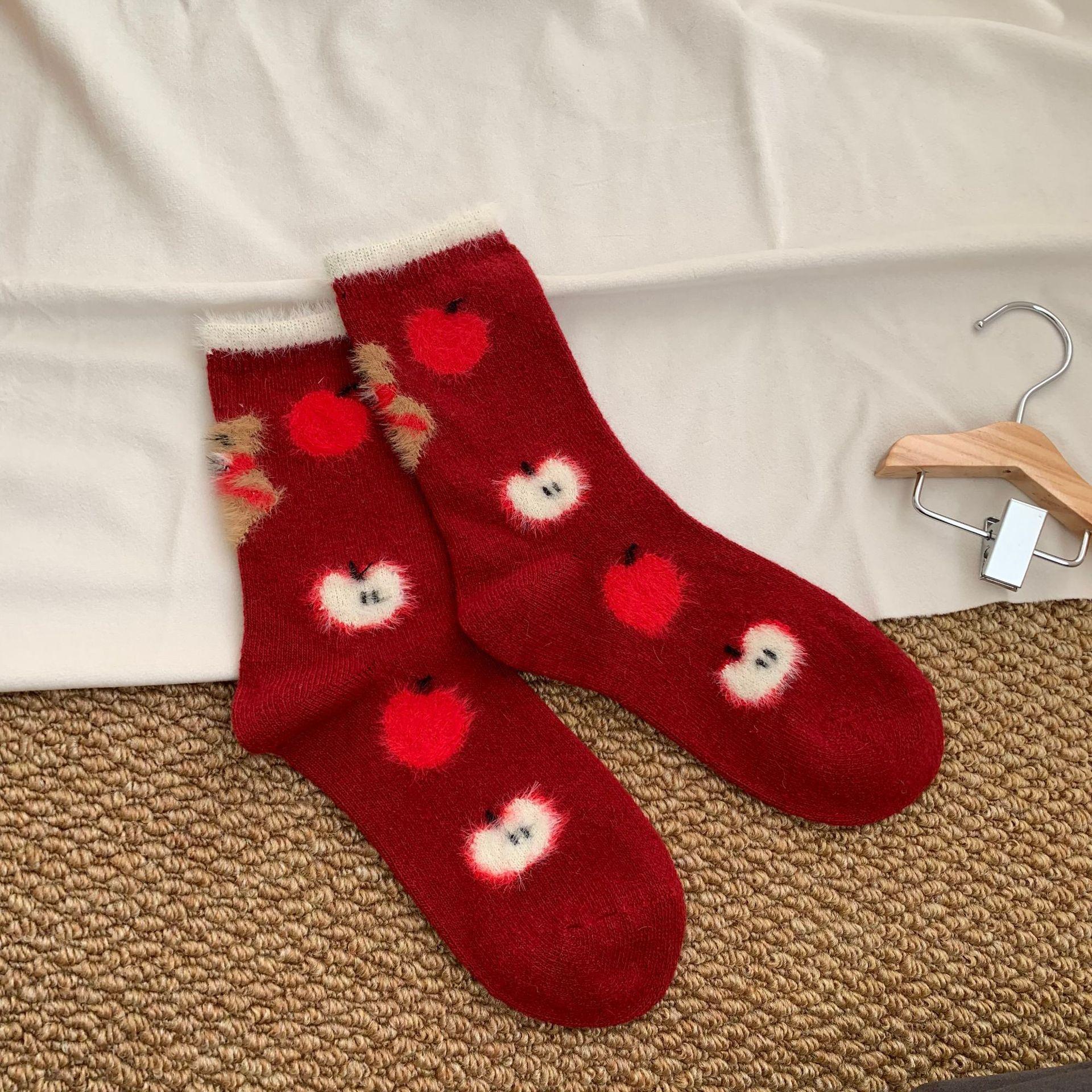 Red Socks Women S New Year Christmas Socks Flocking Apple Casual Stockings Cartoon Bear Medium Tube Socks One size fits all