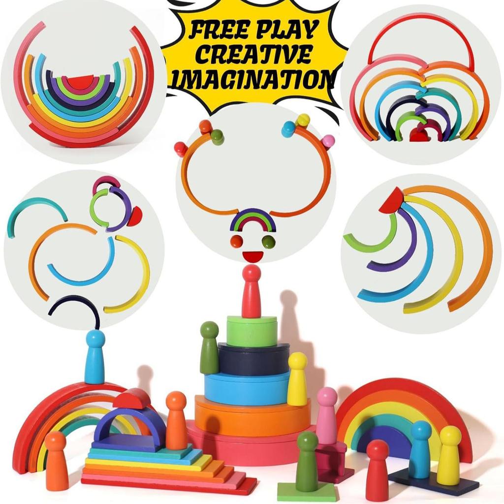 Children's Wooden 4-in-1 Rainbow Arch Bridge Stacking Blocks Early Education Toy