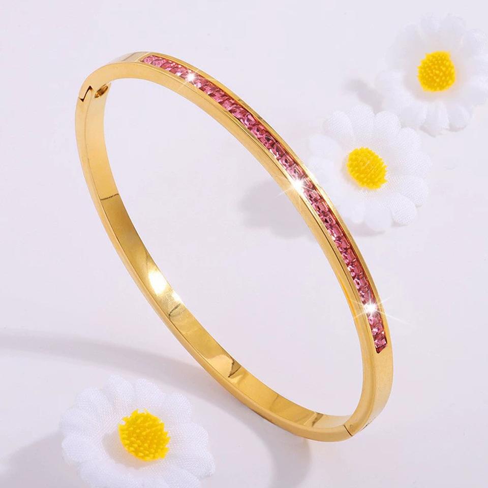 New Buling Pink Crystal Zirconia Stainless Steel Bracelet for Women Versatile Stackable Jewelry Waterproof Bangle Gift