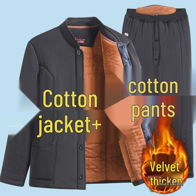 Men's Winter Warm Set: Cotton-Padded Jacket and Pants for Seniors – Fleece-Lined, Camel Down, Ideal for Dad or Grandpa.
