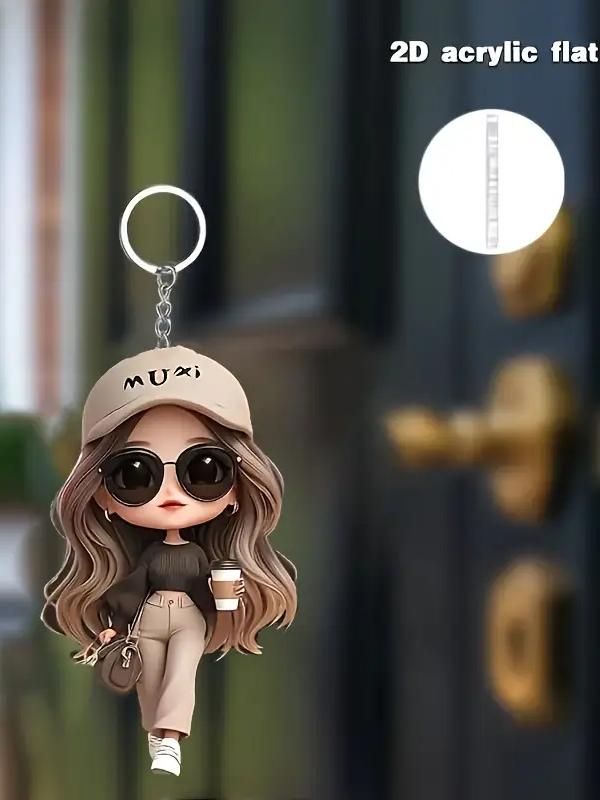 1 Cute Acrylic Girl Keychain, 2D Flat, Holiday Gift, Backpack Accessories, Key Decoration, Car Decoration, Keychain, Pendant