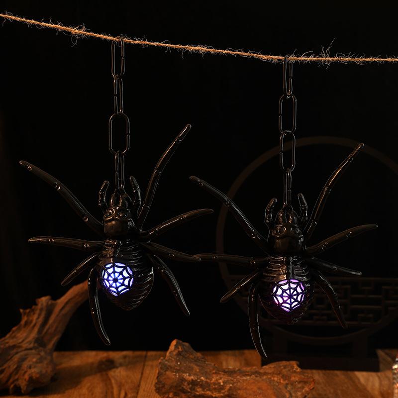 Halloween Spider Decoration Prank Toy Realistic Plastic Spider Hanging Ornament LED Light Up Black Spider Prop