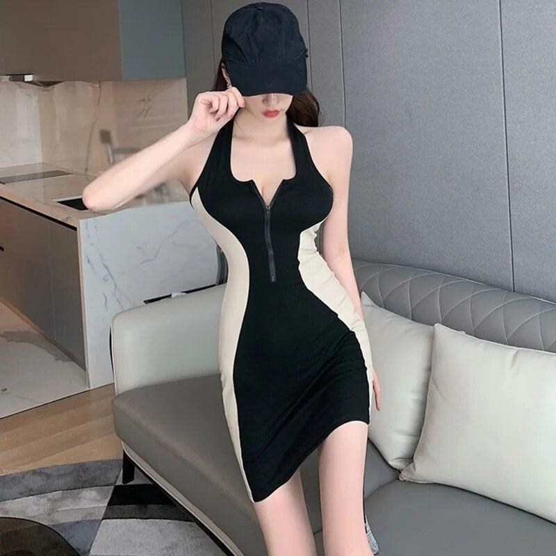 

Женское платье контрастного цвета с застежкой-молнией и открытой спиной, тонкое платье без рукавов One Size