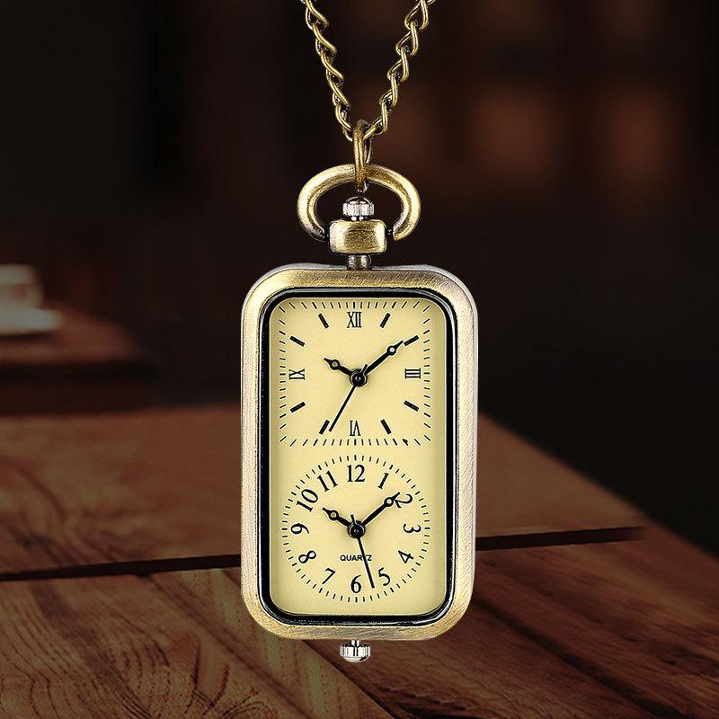 Exquisite Watch Bronze Keychain Pocket Watch Square Retro Double Time Movement Quartz Watch Without Cover Antique Style Pendant