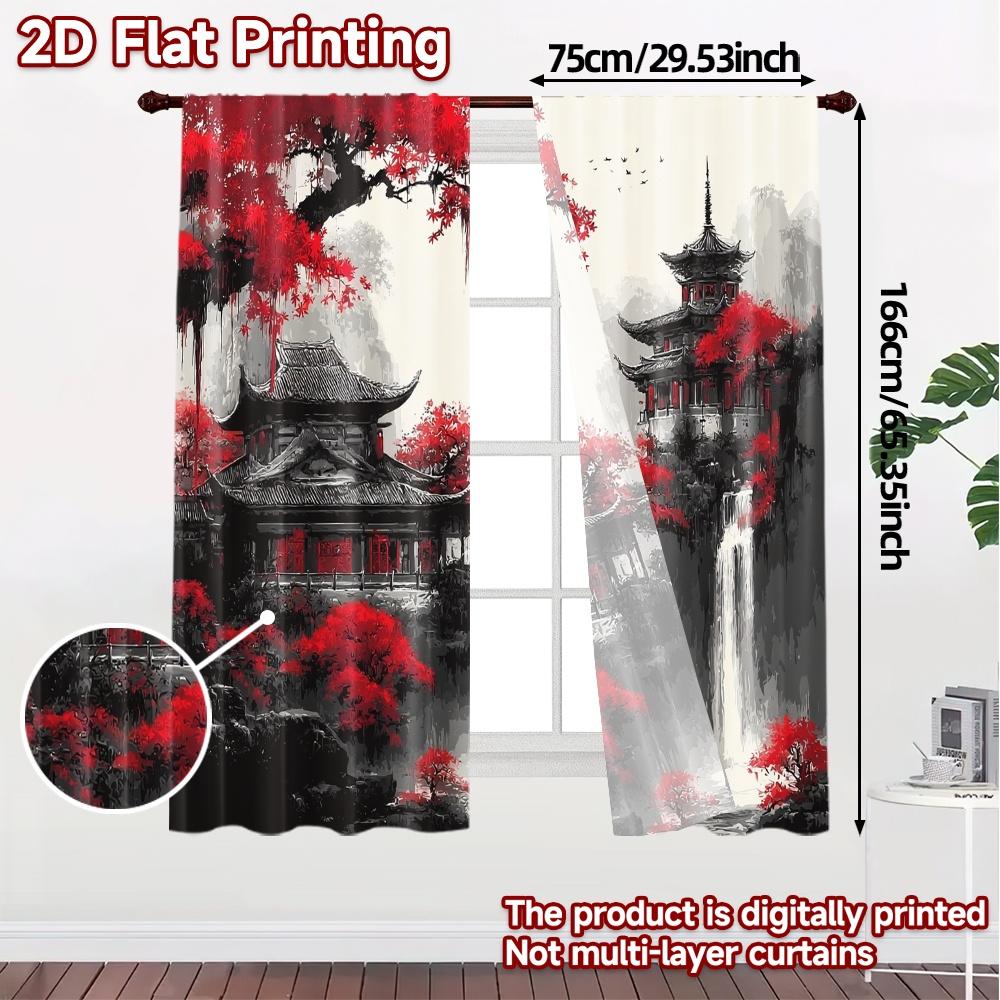 2pcs   2D FLAT PRINTING Curtains (Without Rod) Crimson Serenity Popular Light Filtering Curtains Polyester Easy Install Curtains