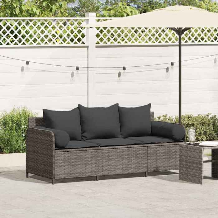 VidaXL Canapé de jardin avec coussins 3 places gris résine tressée, canapé d'extérieur, meuble de jardin, meuble de patio, 4104174