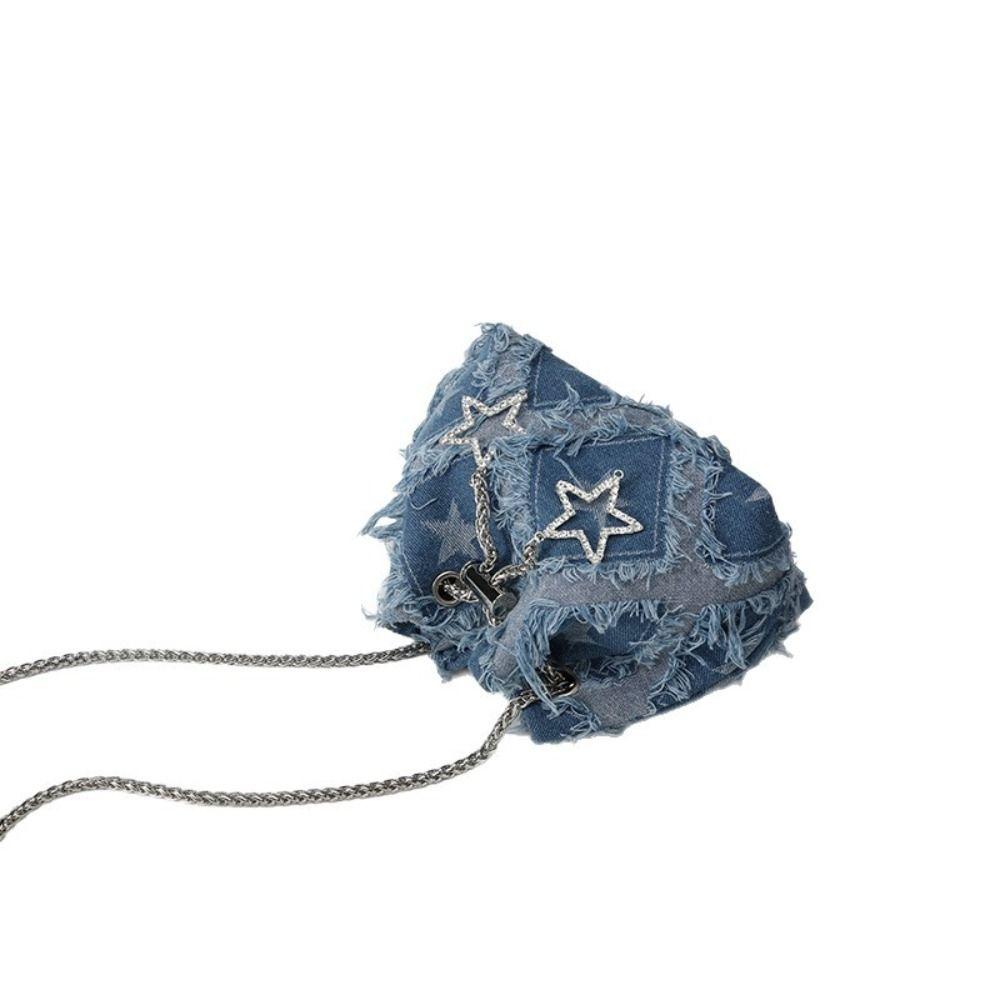 Drawstring Star Denim Bucket Bag Tassel Cloth Shoulder Bag Casual Metal Chain Crossbody Bag  Party