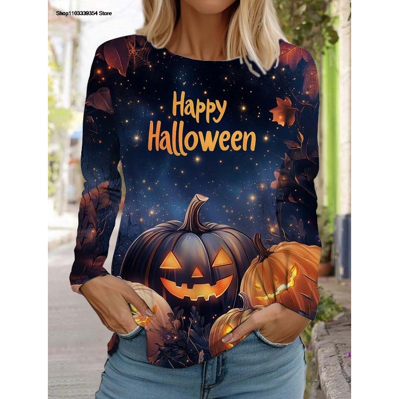 Halloween Women's long sleeved T-shirt Pumpkin 3D Printed Autumn Long Sleeve T-Shirt Autumn Casual Tops For Women Clothing Tops