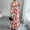 Short-sleeved dress, new printed V-neck long dress, European and American summer waist women's clothing