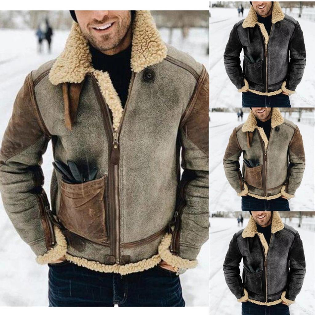 Neue Herrenjacke aus Kunstwildleder mit Fleecefutter, Verdickter Colorblock Freizeitmantel, Oberbekleidung im europäischen amerikanischen Stil für den Großhandel