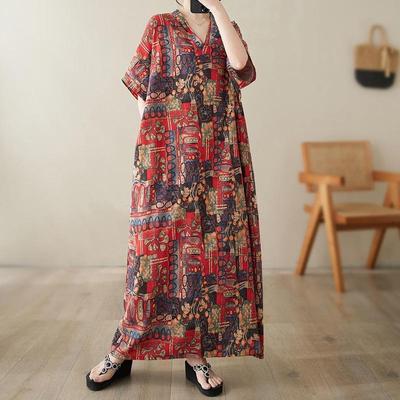 Short Sleeve Plus Size Vintage Floral New In Dresses for Women Casual Loose Maxi Long Summer Dress