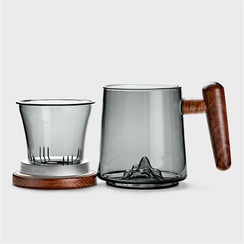 Tea Separation Filtration Glass Tea Cup Wood Handle Coaster Tea Water Separation Container With Infuser Filter Tea Making Cup