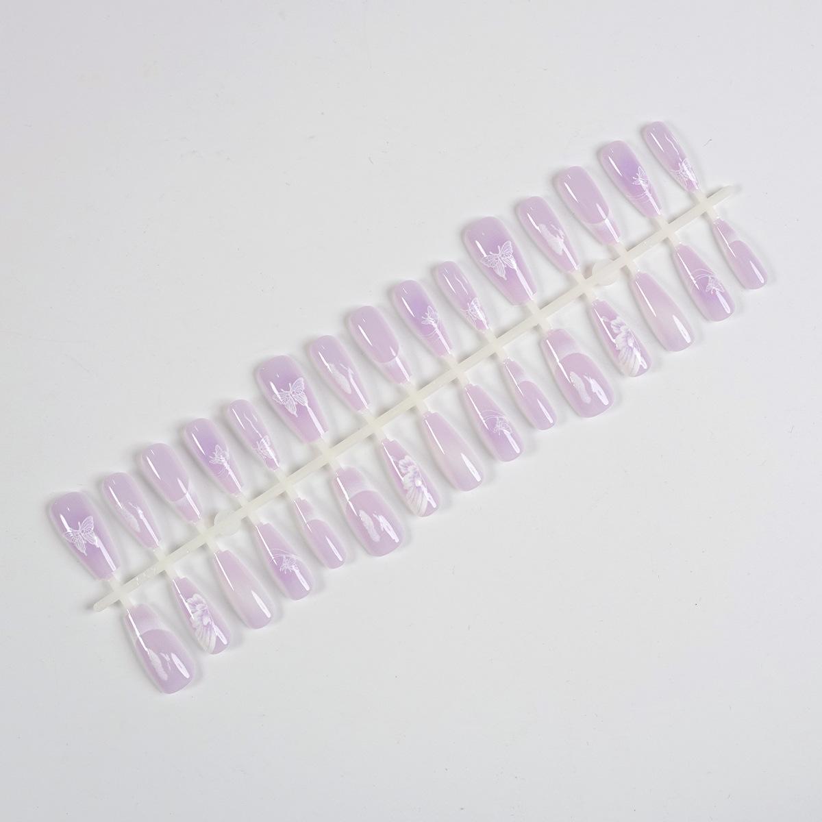 30-Piece Medium Trapezoid Taro Purple Nail Set with White Butterfly French Tip Stickers