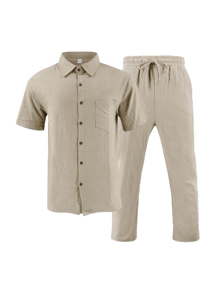 Men's European Linen Summer Two-Piece Set: Short-Sleeve Shirt & Long Pants for Travel or Beach